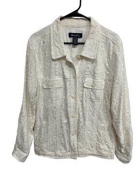 Denim & Co. Floral Lace Long Sleeve Button Front Jacket Ivory Sz XL Career Boho